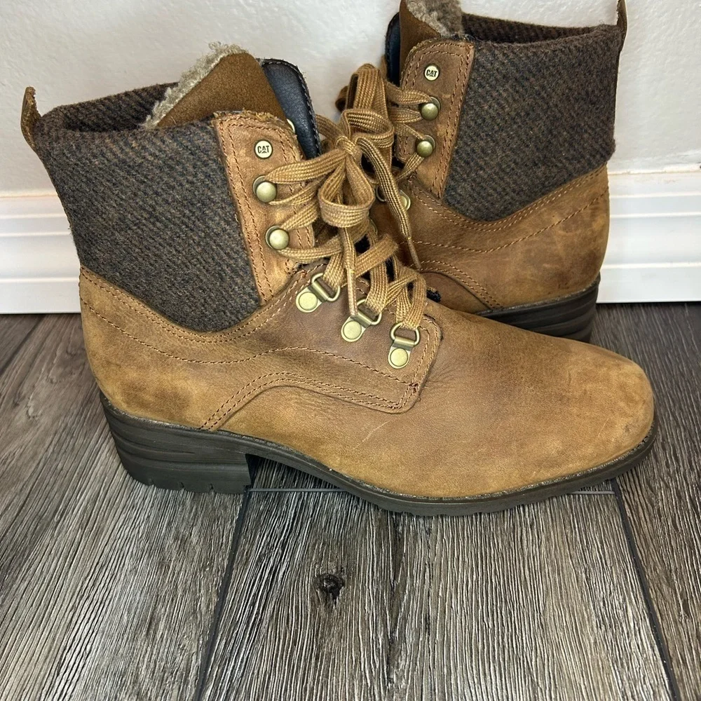 CAT Women’s Leather Sherpa-Lined Ankle Boots – Size 10 Brown